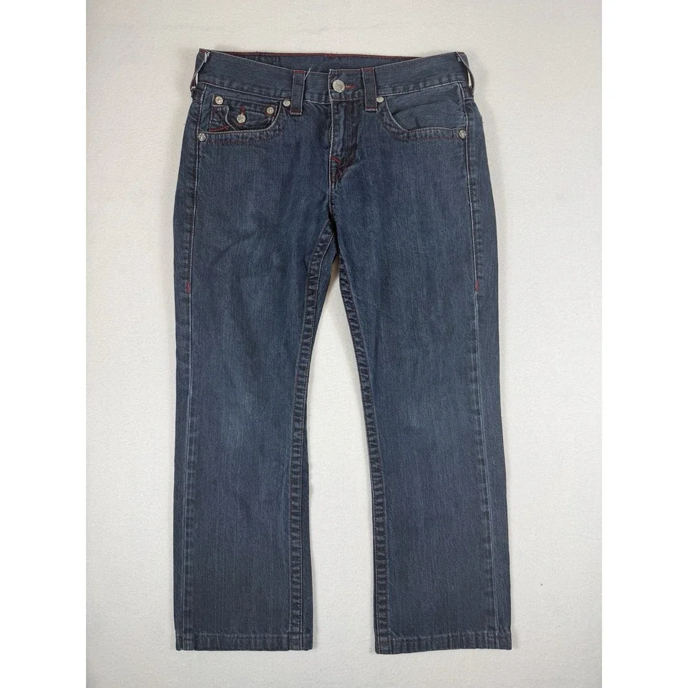 True Religion Straight Leg Jeans Mens 30x25 Blue Dark Wash Red Stitch USA Made